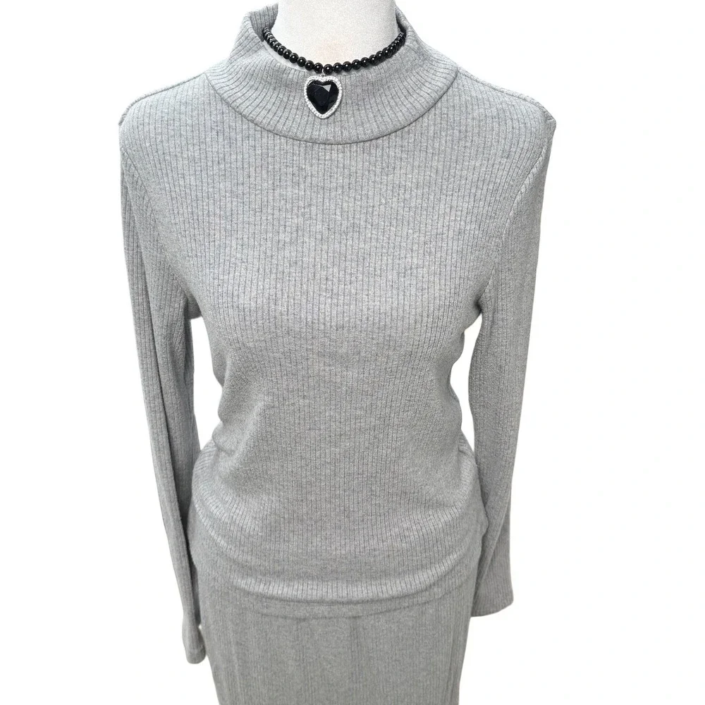Grey Ribbed Knit 2 Pc Set Mock Neck Top Midi Skirt Medium Minimalist Scandi‎ CBK